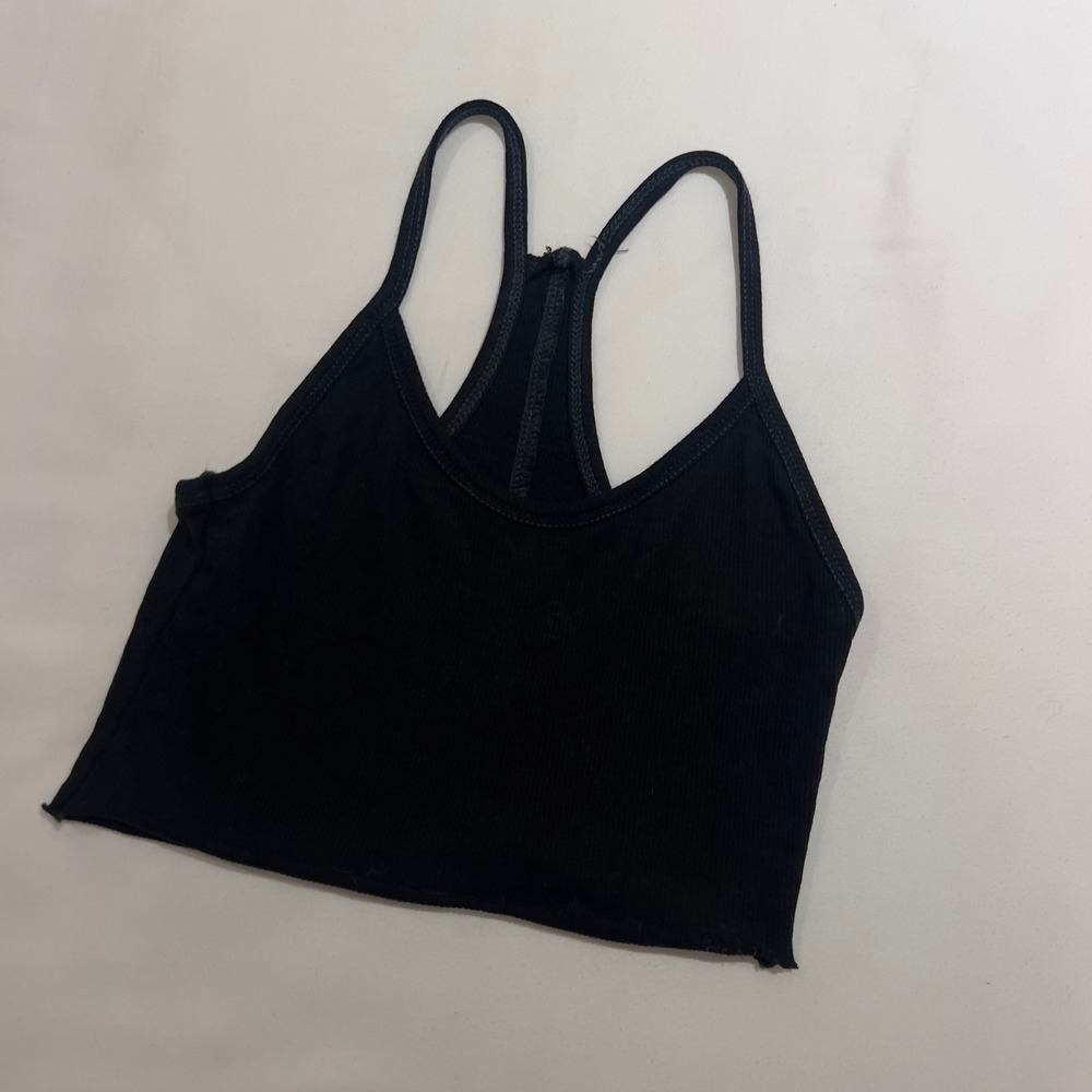 Black‎ Brandy Melville Ribbed Racerback Crop Top Spaghetti Strap Raw Hem Tank